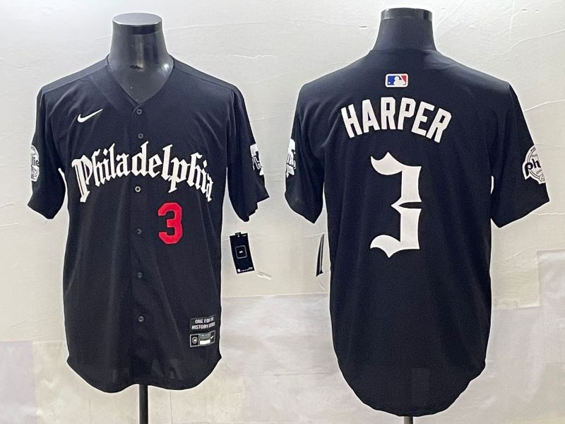 Men 2025 Philadelphia Phillies #3 Harper Black Five generations Joint Name Nike MLB Jersey style 3->philadelphia phillies->MLB Jersey